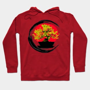 Golden bonsai on a rising sun - Sumi inspired enso circle brushstroke tree Hoodie